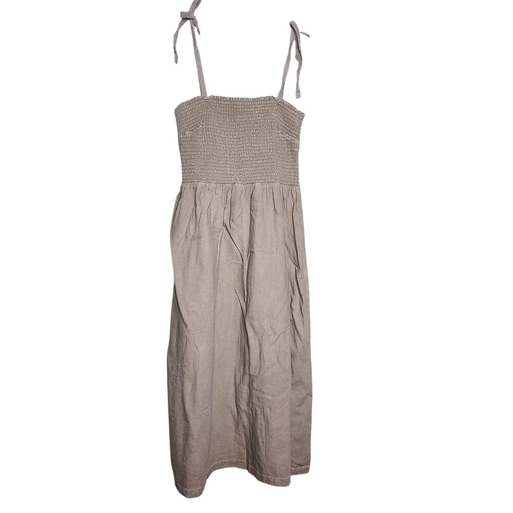 Gap Smocked Linen Blend Dress Tie Straps Olive Green‎ Boho Cottage Milkmaid SP